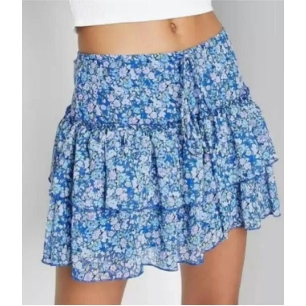 Wild Fable Womens Blue White Ditsy Floral Tiered Cottagecore Stretch Skirt Small